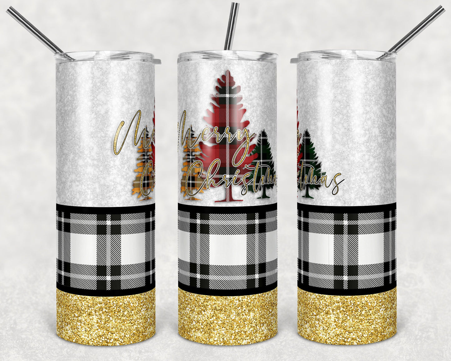 20 oz Skinny Tumbler Sublimation Design Template Glitter Plaid Trees Christmas Colors Straight Design