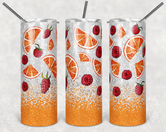 20 oz Skinny Tumbler Sublimation Design Template Glitter Orange Slice rasberries Straight Warped Design