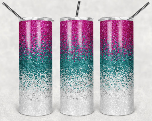 20 oz Skinny Tumbler Sublimation Design Template Glitter Ombre Teal and Pink Straight Warped Design