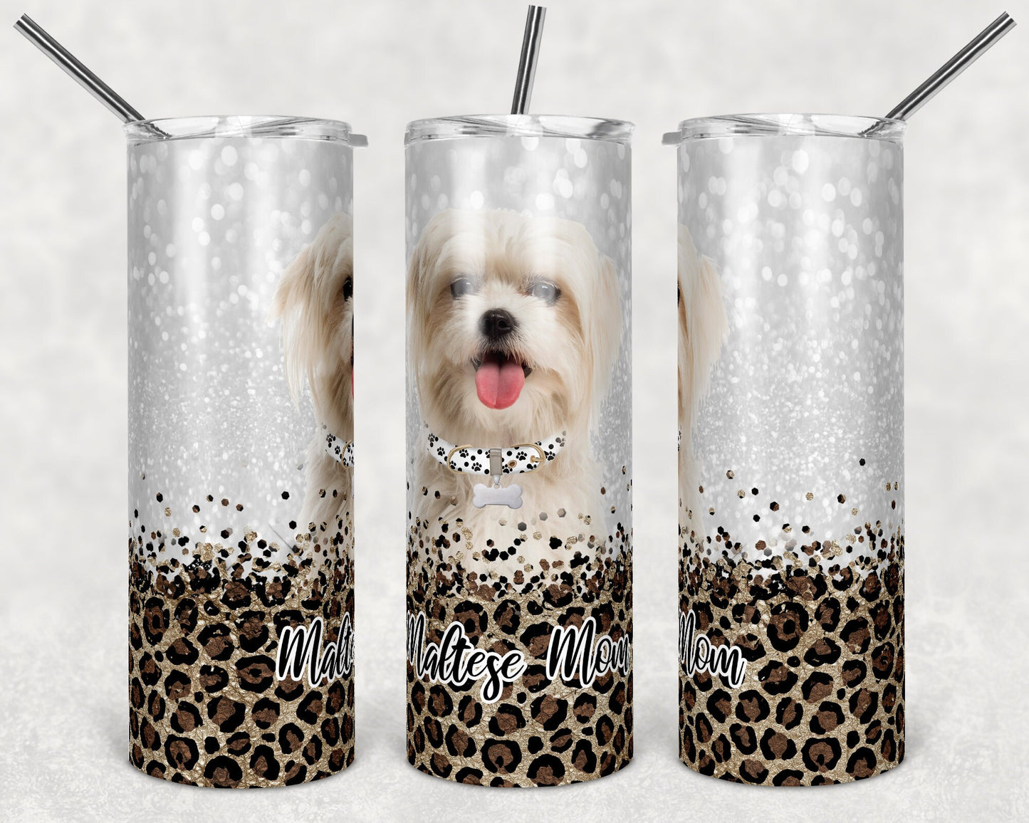 20 oz Skinny Tumbler Sublimation Maltese Dog Mom Glitter and Leopard Template Straight Mothers Day Dog Mama