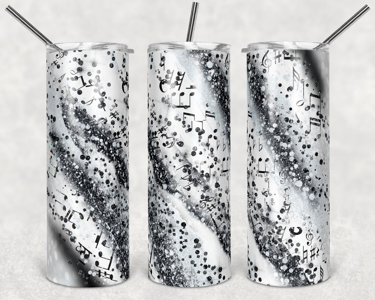 20 oz Skinny Tumbler Sublimation Template Agate Milky Way Black White Music Notes Straight Design