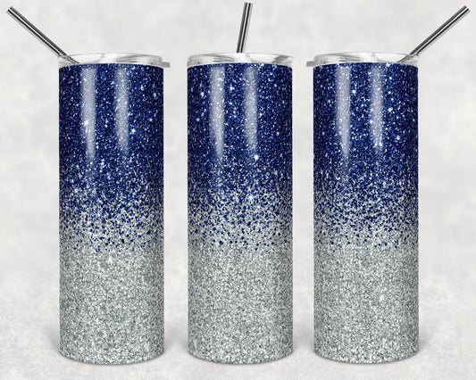 20 oz Skinny Tumbler Sublimation Design Template Glitter Ombre Navy Blue Silver color Straight Design