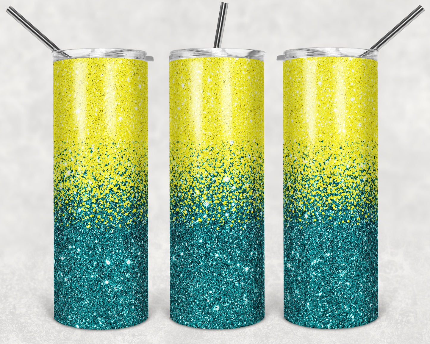 20 oz Skinny Tumbler Sublimation Design Template Glitter Ombre yellow to Teal color Straight Design