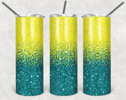 20 oz Skinny Tumbler Sublimation Design Template Glitter Ombre yellow to Teal color Straight Design