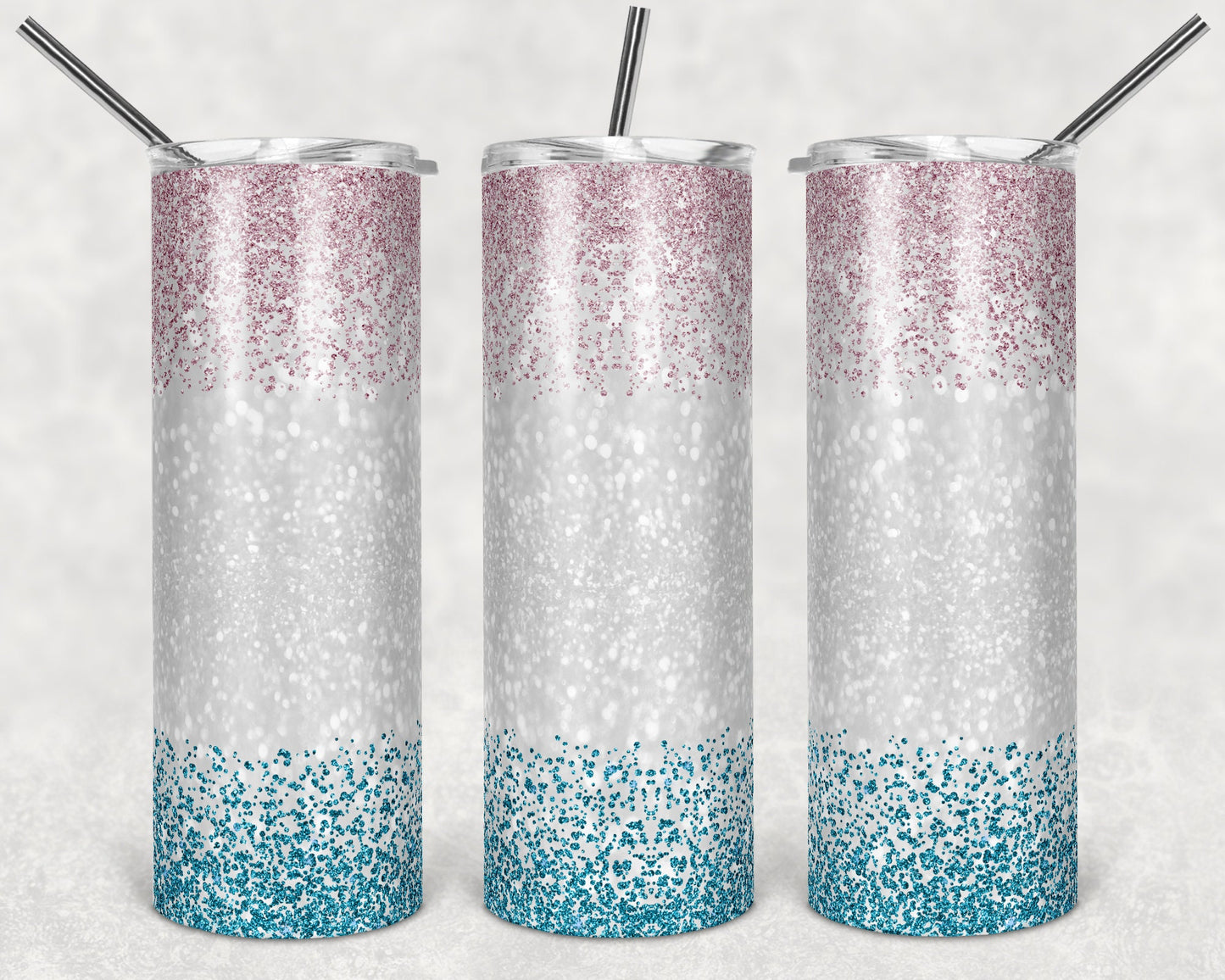 20 oz Skinny Tumbler Sublimation Glitter Pink Blue Confetti Ombre White Center Straight Design