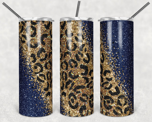 20 oz Skinny Tumbler Sublimation Design Template Glitter Gold Navy Diagonal Leopard Straight and Warped Design