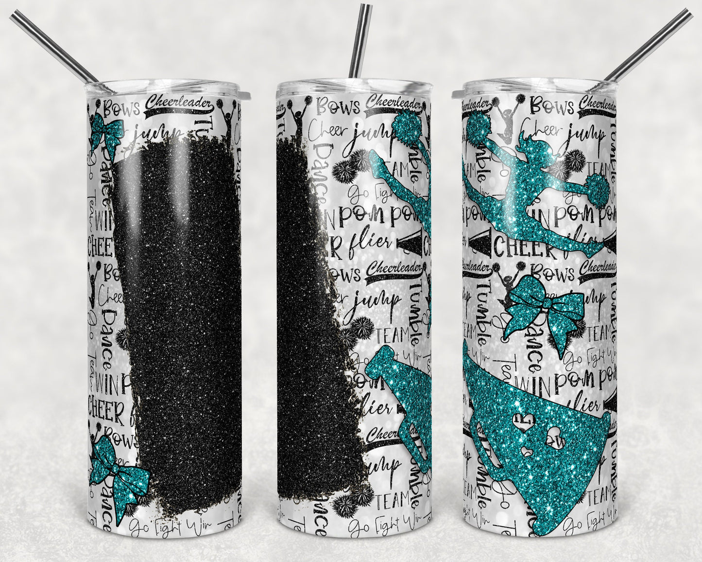20 oz Skinny Tumbler Cheer Blank for Name Glitter Teal Black Sublimation Design