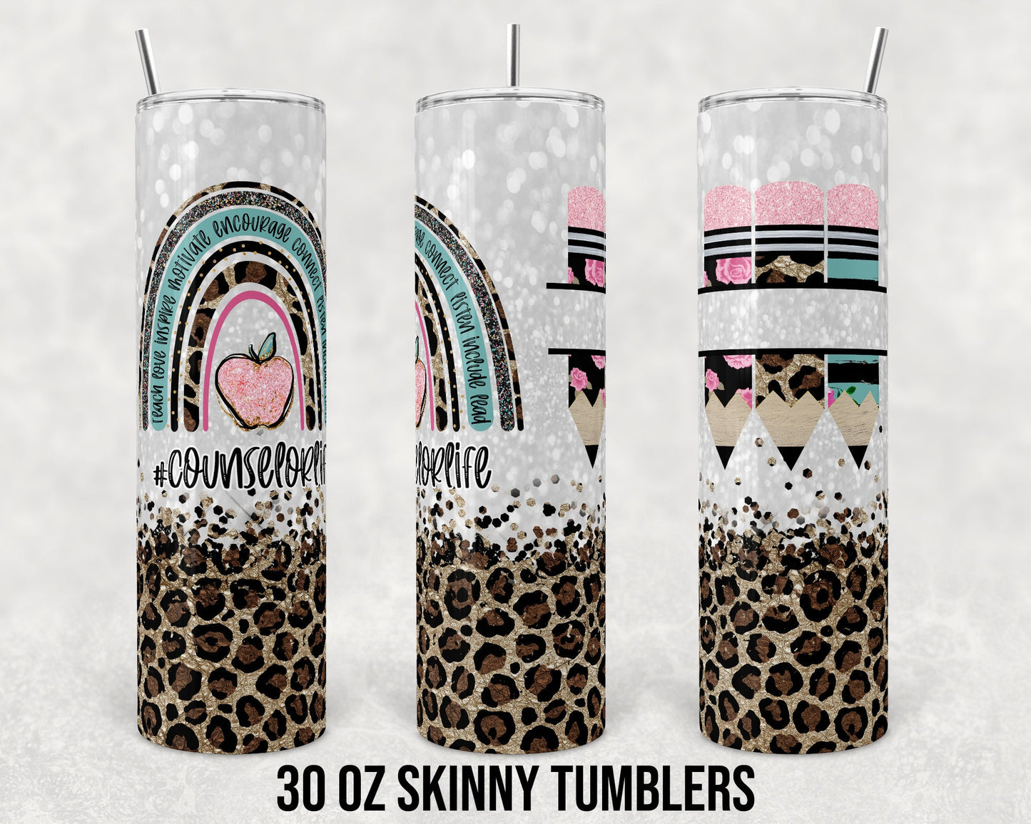 30 oz Skinny Tumbler Sublimation Design Template School Counselor Life Leopard and Glitter Straight