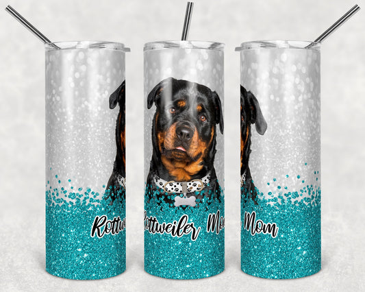 20 oz Skinny Tumbler Sublimation Rottweiler Dog Mom Glitter Teal Template Straight Warped Mothers Day Dog Mama