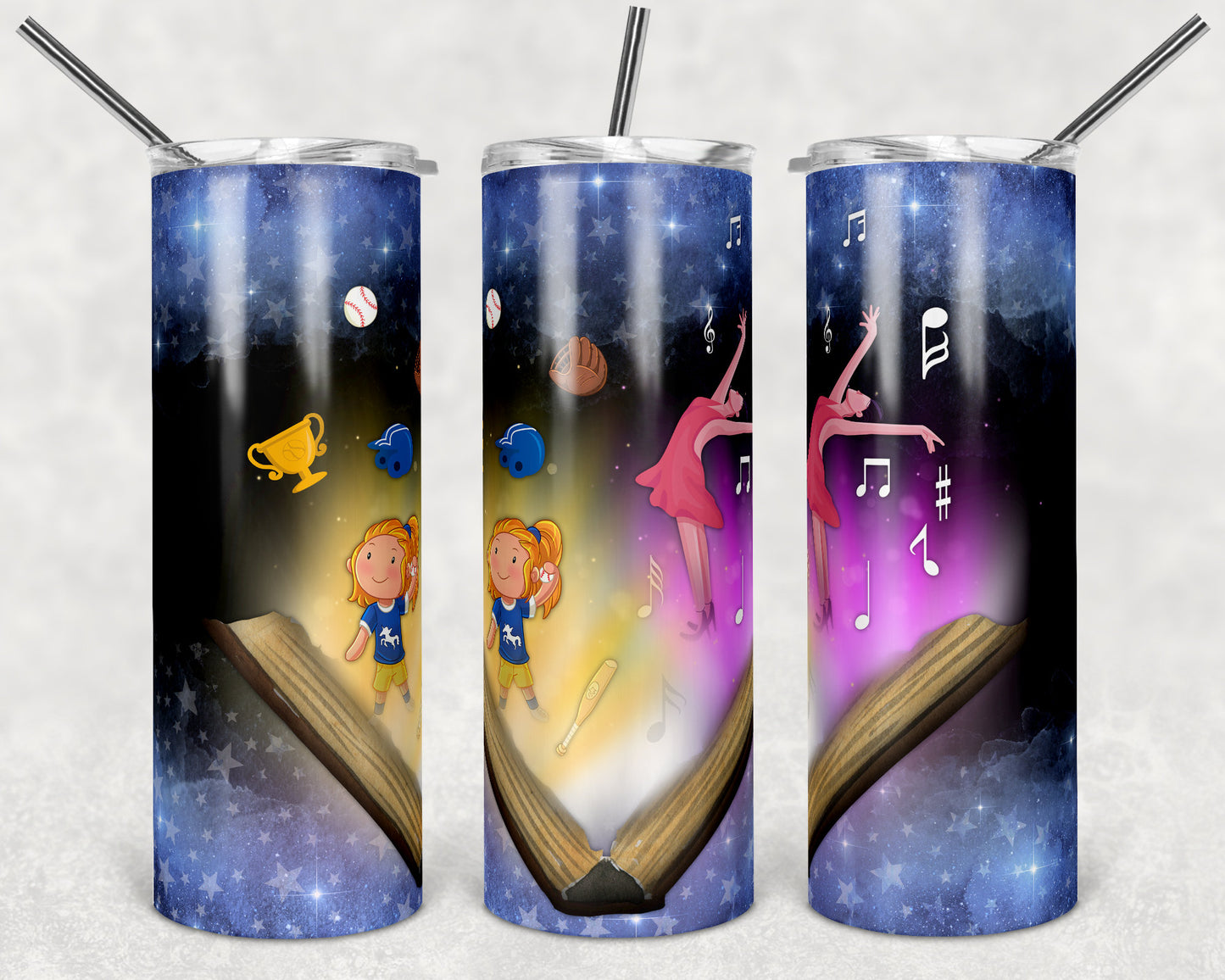 20 oz Skinny Tumbler Open Book Baseball Dance Dancing Dance Sublimation Design