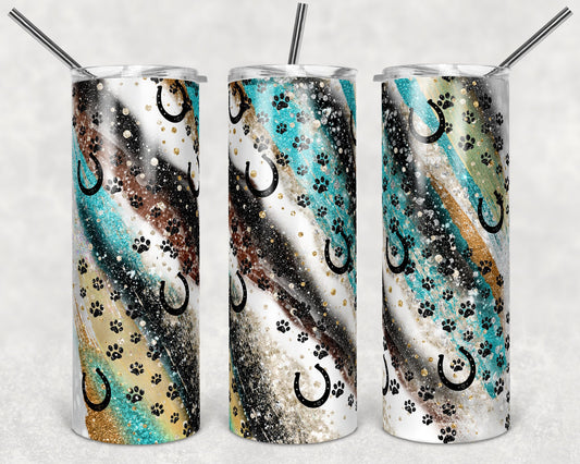 20 oz Skinny Tumbler Sublimation Milky Way Paw horse shoe Copper Teal Glitter Straight Design