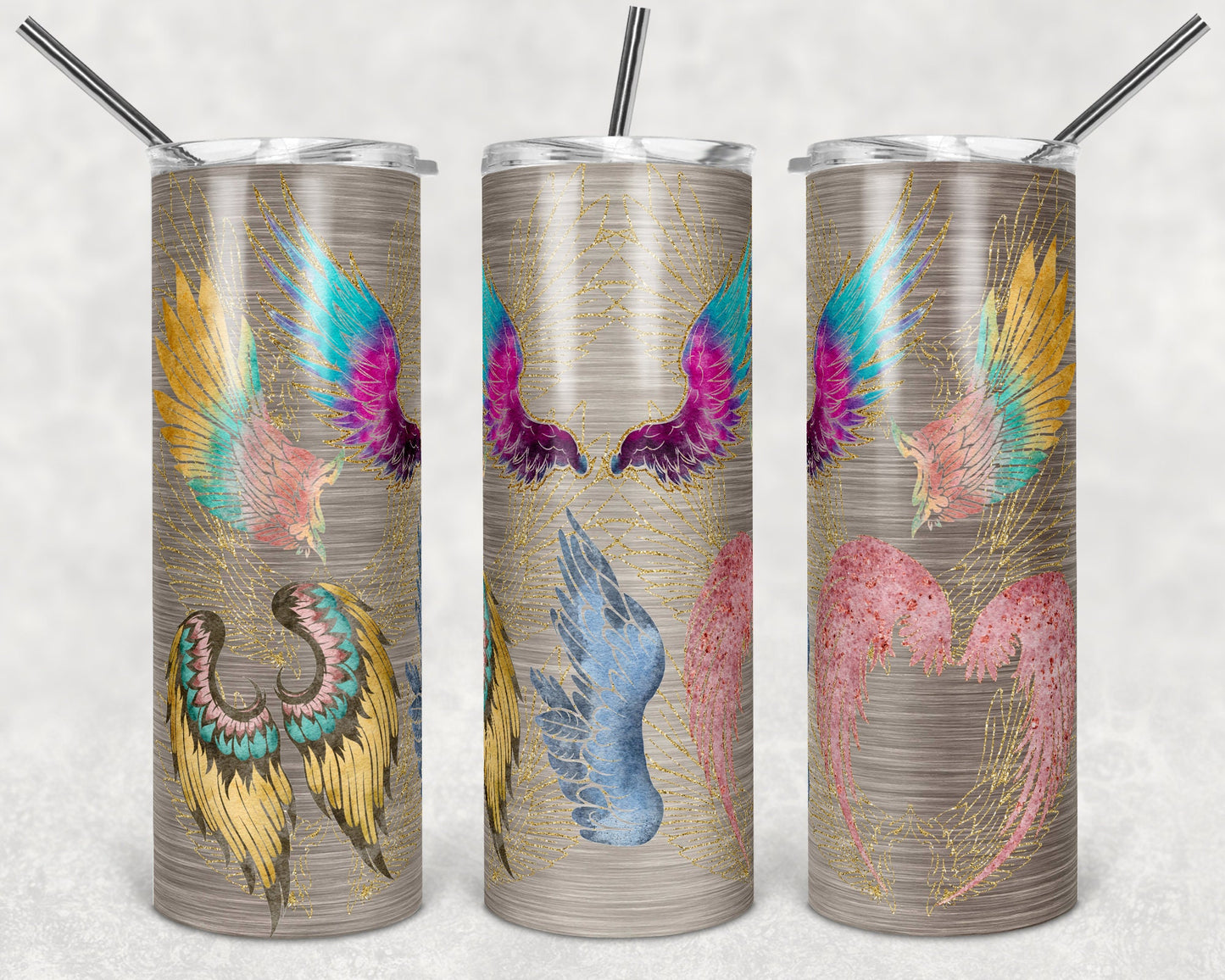 20 oz Skinny Tumbler Angel Wings Glitter and faux metal Sublimation Design