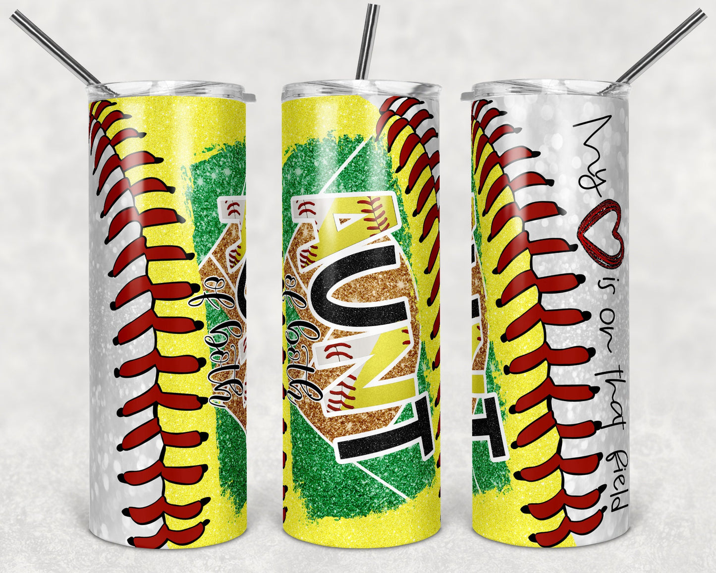 20 oz Skinny Tumbler Softball Baseball Aunt Glitter Heart on Field Laces Sublimation Design