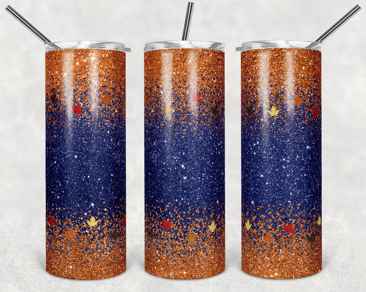 20 oz Skinny Tumbler Sublimation Design Template Glitter Ombre Navy Fall Leaves Fall Straight Warped Design