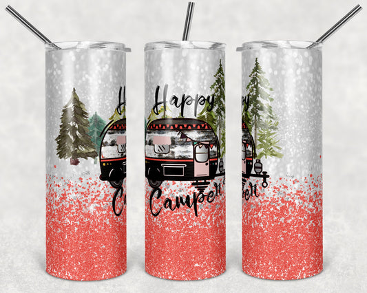 20 oz Skinny Tumbler Happy Camper Coral Glitter Trailer Sublimation Design Print Transfer