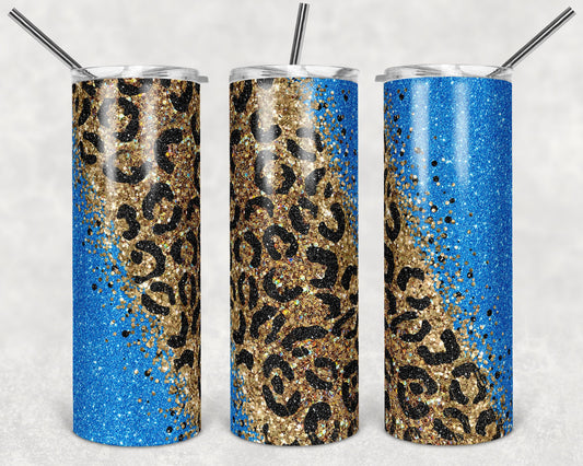 20 oz Skinny Tumbler Sublimation Design Template Glitter Gold Blue Diagonal Leopard Straight and Warped Design