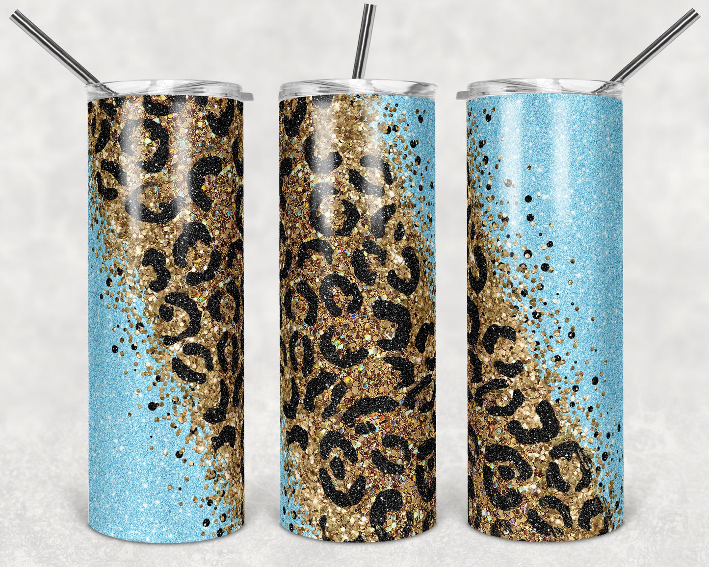 20 oz Skinny Tumbler Sublimation Design Template Glitter Gold Blue Diagonal Leopard Straight and Warped Design