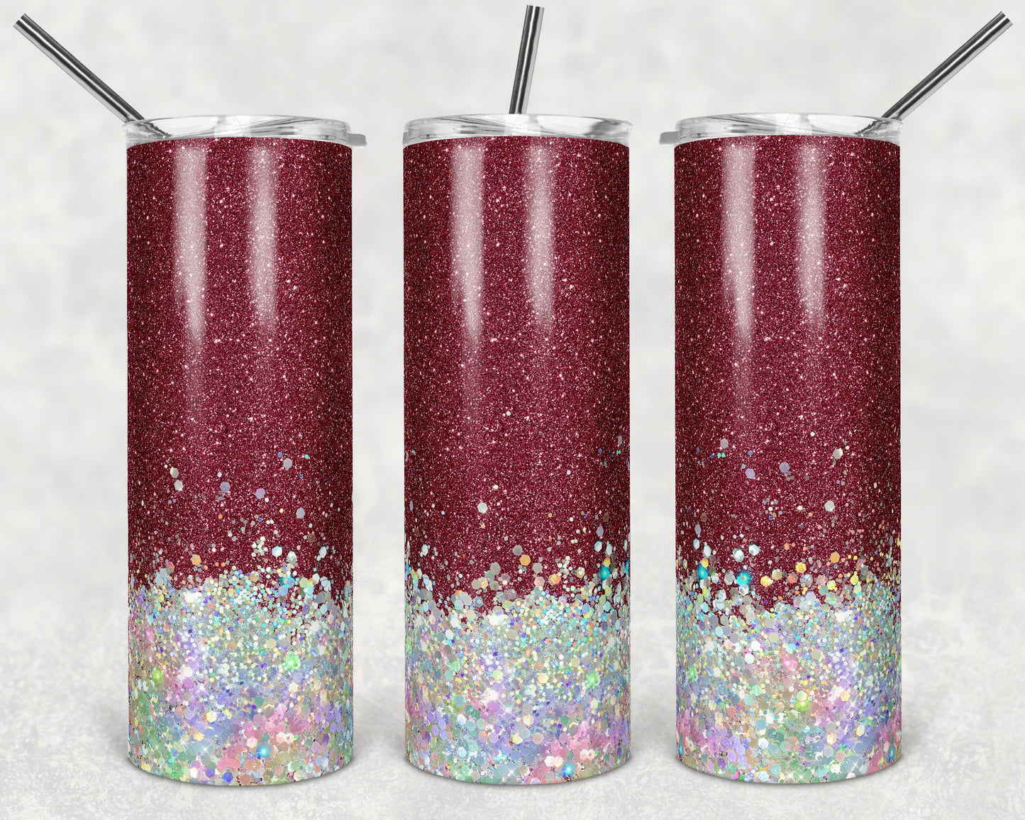 20 oz Skinny Tumbler Sublimation Design Template Glitter Burgundy Maroon Holographic White Straight and Warped Design