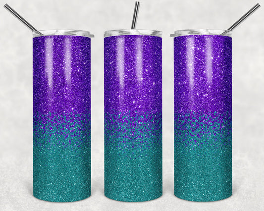 20 oz Skinny Tumbler Sublimation Design Template Glitter Ombre Teal and Purple Straight Warped Design