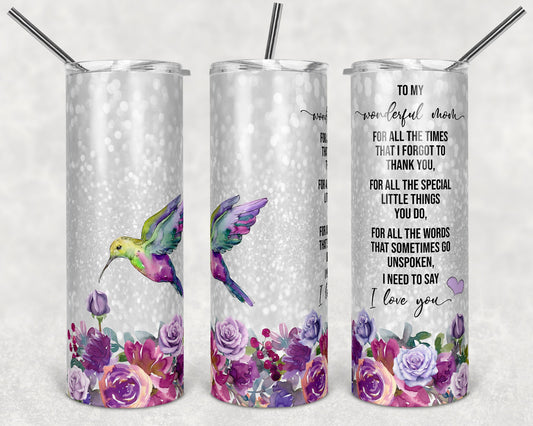 20 oz Skinny Tumbler Sublimation Design Template Faux Glitter Hummingbird Mom Quote Straight