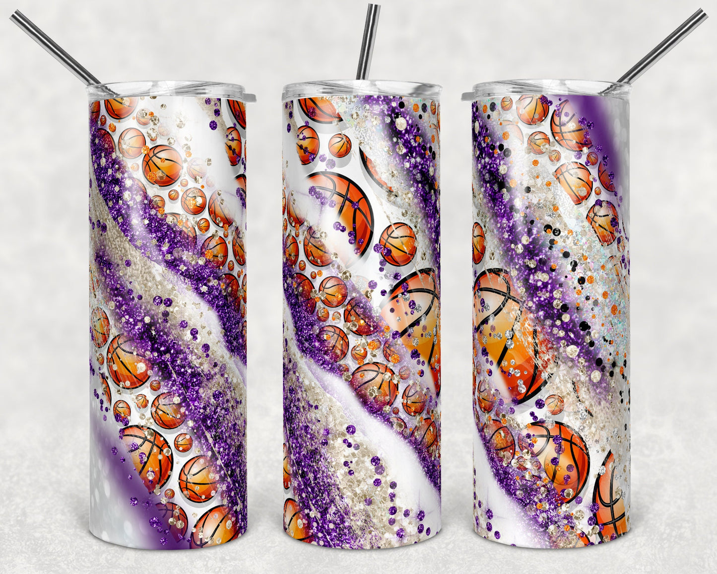 20 oz Skinny Tumbler Sublimation Template Milky Way Glitter Spo Basketball Straight Warped Design