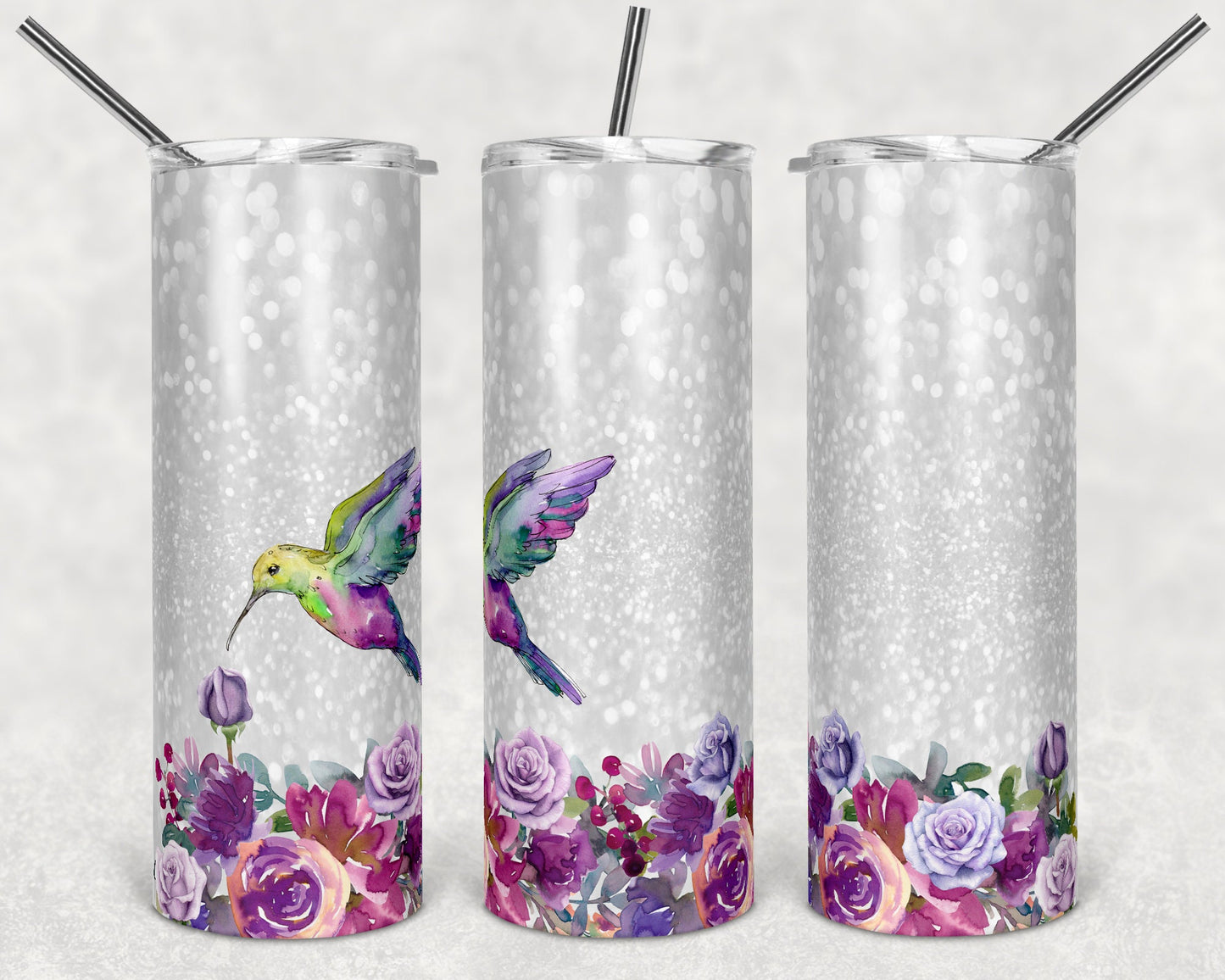20 oz Skinny Tumbler Sublimation Design Template Faux Glitter Hummingbird add a Quote Straight