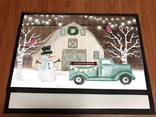Door Mat Winter Barn and Truck Snowman design Personalize by Adding your own text Sublimation