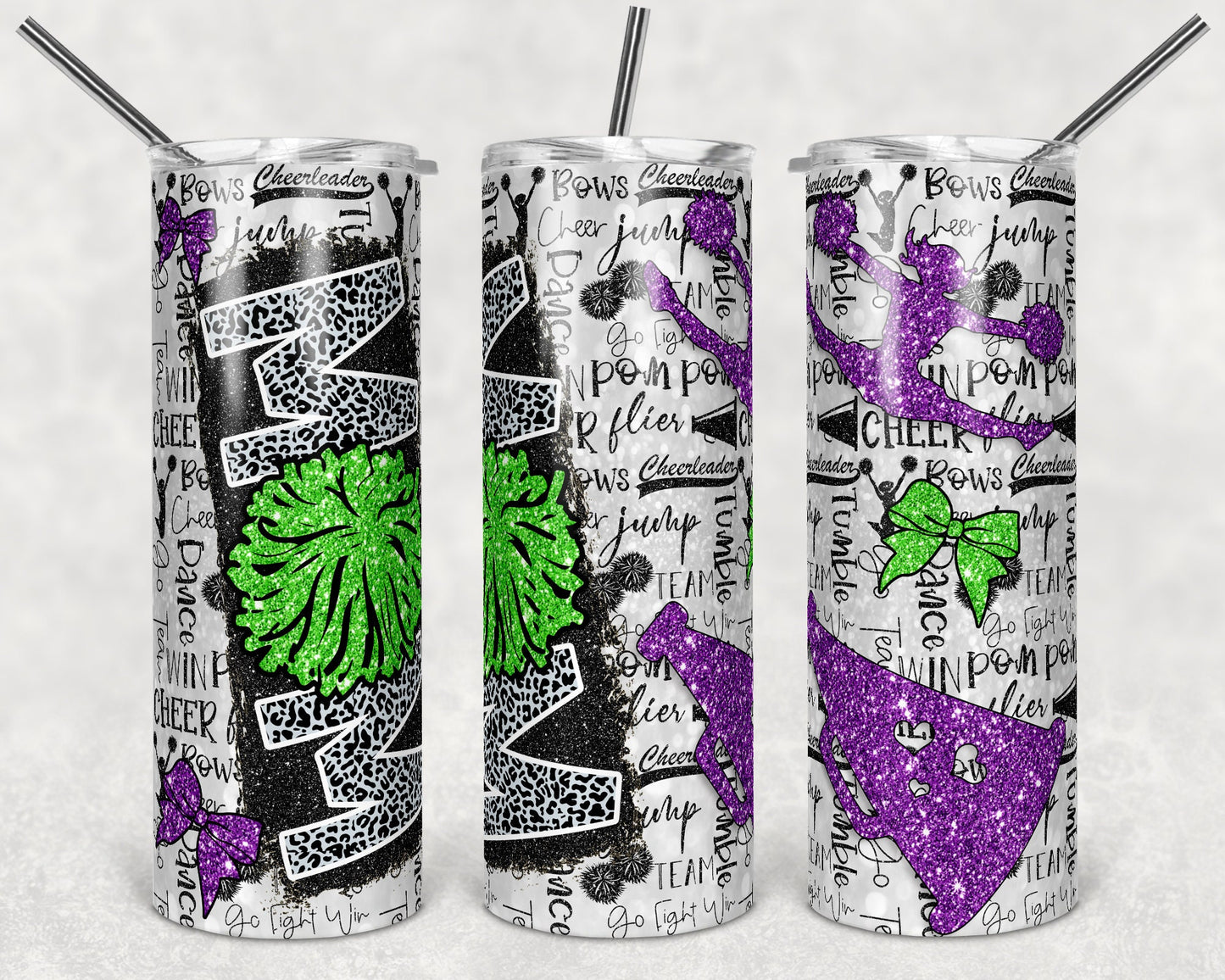 20 oz Skinny Tumbler Cheer Mom Glitter Leopard and Black Green Purple Sublimation Design tumblers