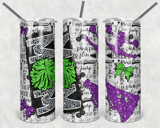 20 oz Skinny Tumbler Cheer Mom Glitter Leopard and Black Green Purple Sublimation Design tumblers