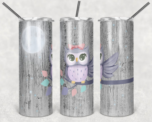 20 oz Skinny Tumbler Sublimation Design Template Cute Night Owl Pretty Owl Wood Background Straight