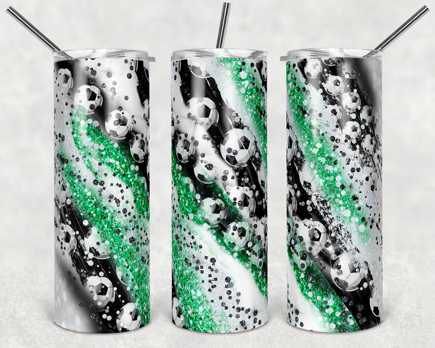 20 oz Skinny Tumbler Sublimation Template Milky Way Glitter Soccer Green Straight Design