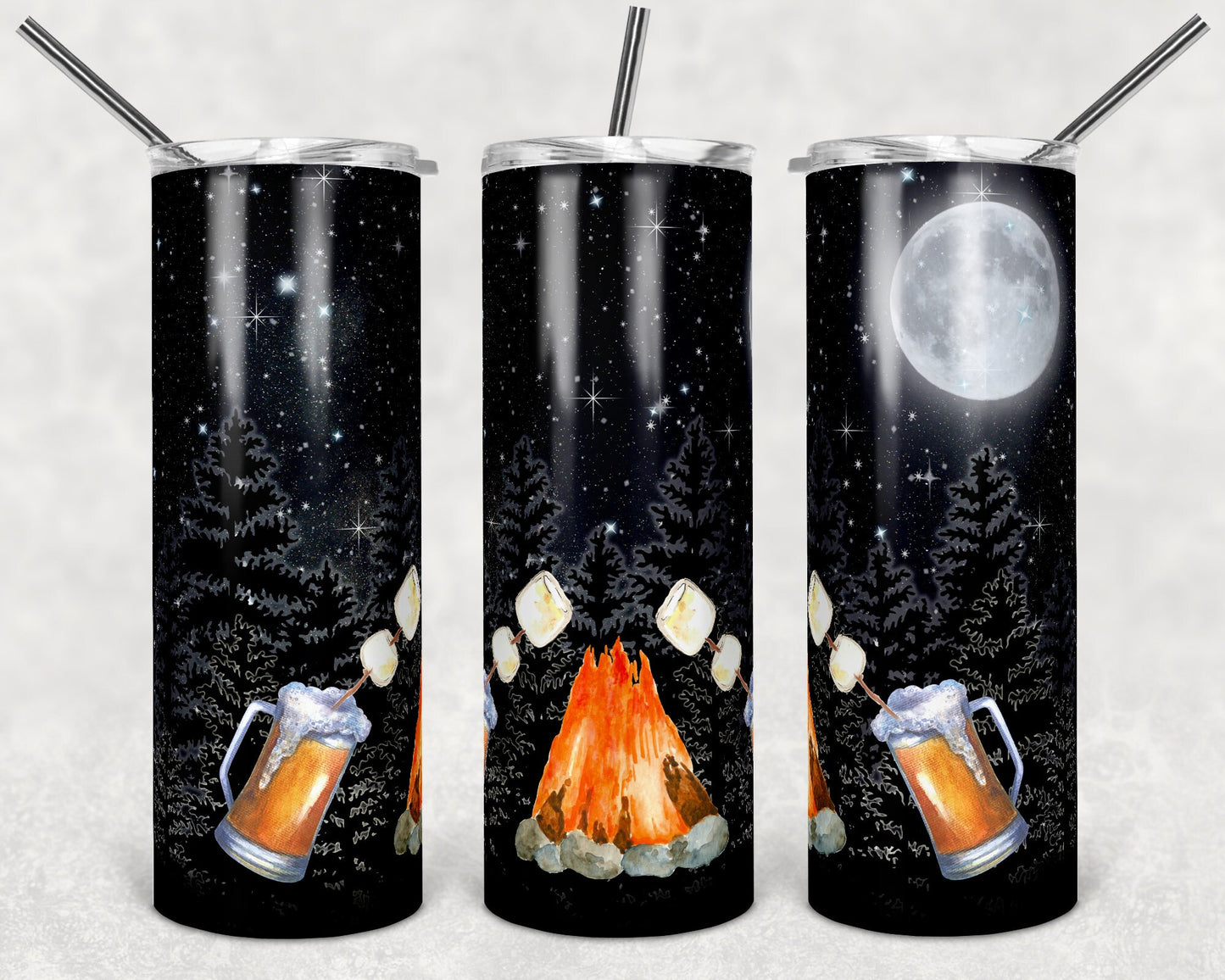 20 oz Skinny Tumbler Camper Camping Night Sky Camping Fire Beer Smore Drinking Sublimation Design tumblers