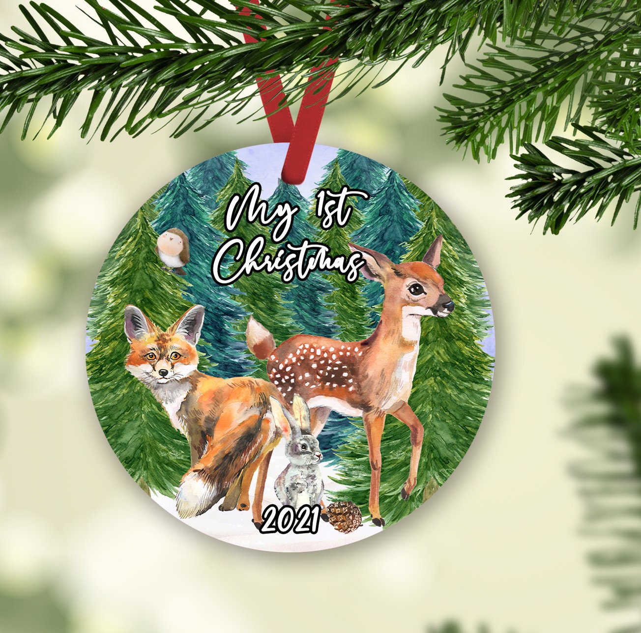 Round Ornament Sublimation Design My 1st First Christmas Woodland Animal Design
