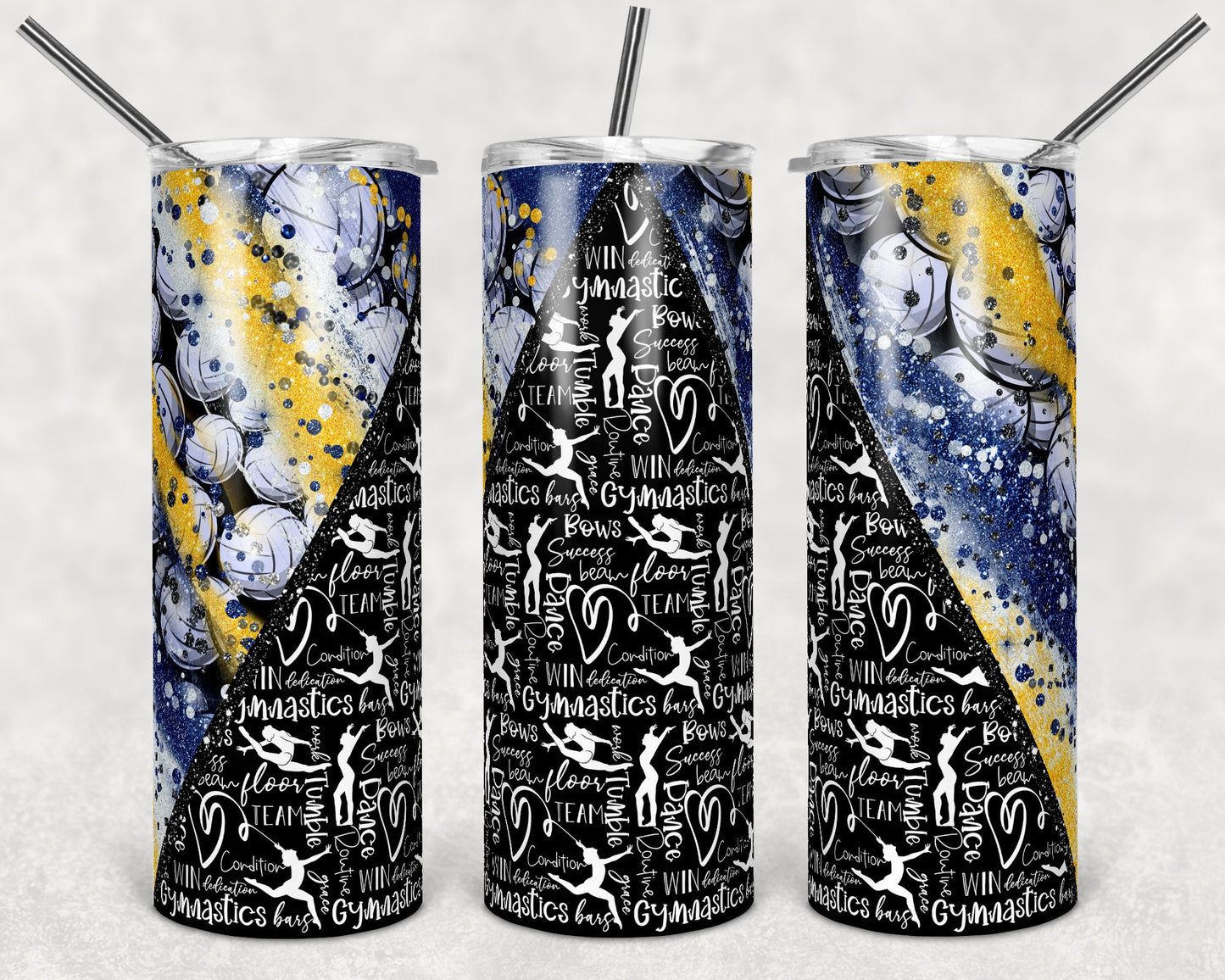 20 oz Skinny Tumbler Sublimation Design Template Gymnastics Glitter V Milkyway Volleyball Blue Gold Design tumblers