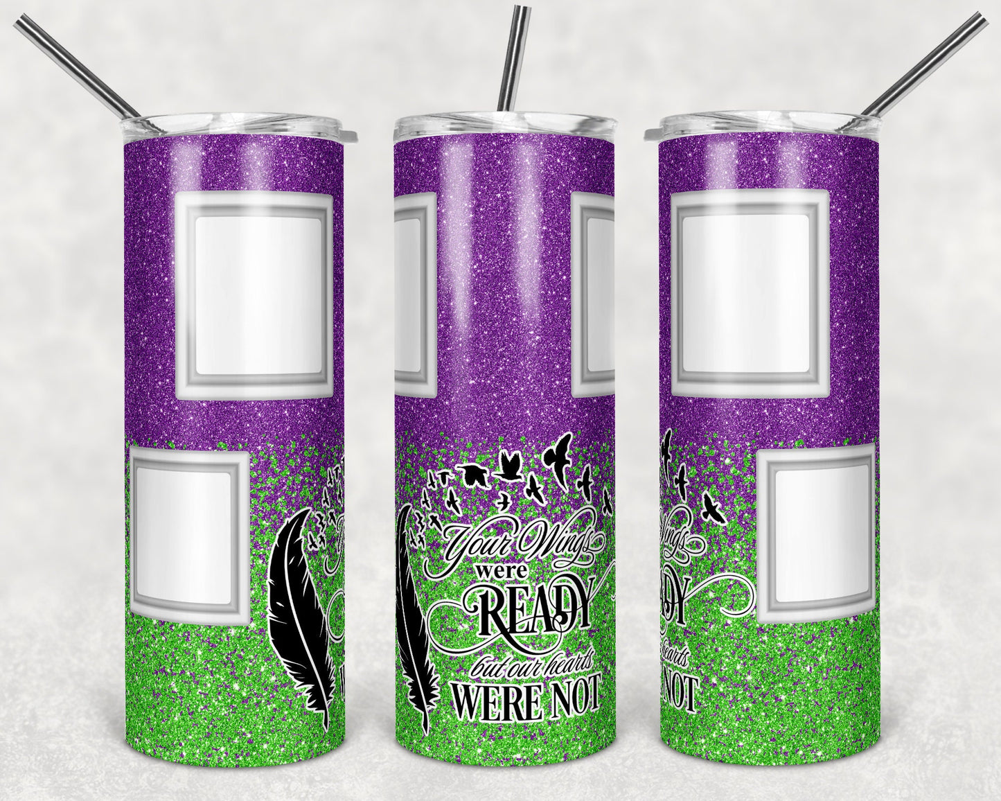 20 oz Skinny Tumbler Memorial with Pictures Purple Lime Glitter Wings Were Ready Sublimation Design
