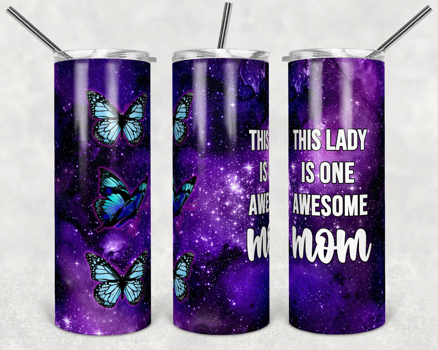 20 oz Skinny Tumbler Butterfly Purple Galaxy One Awesome Mom Seamless Sublimation Design