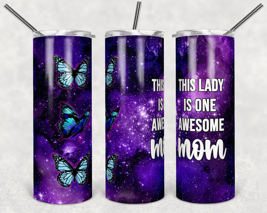 20 oz Skinny Tumbler Butterfly Purple Galaxy One Awesome Mom Seamless Sublimation Design