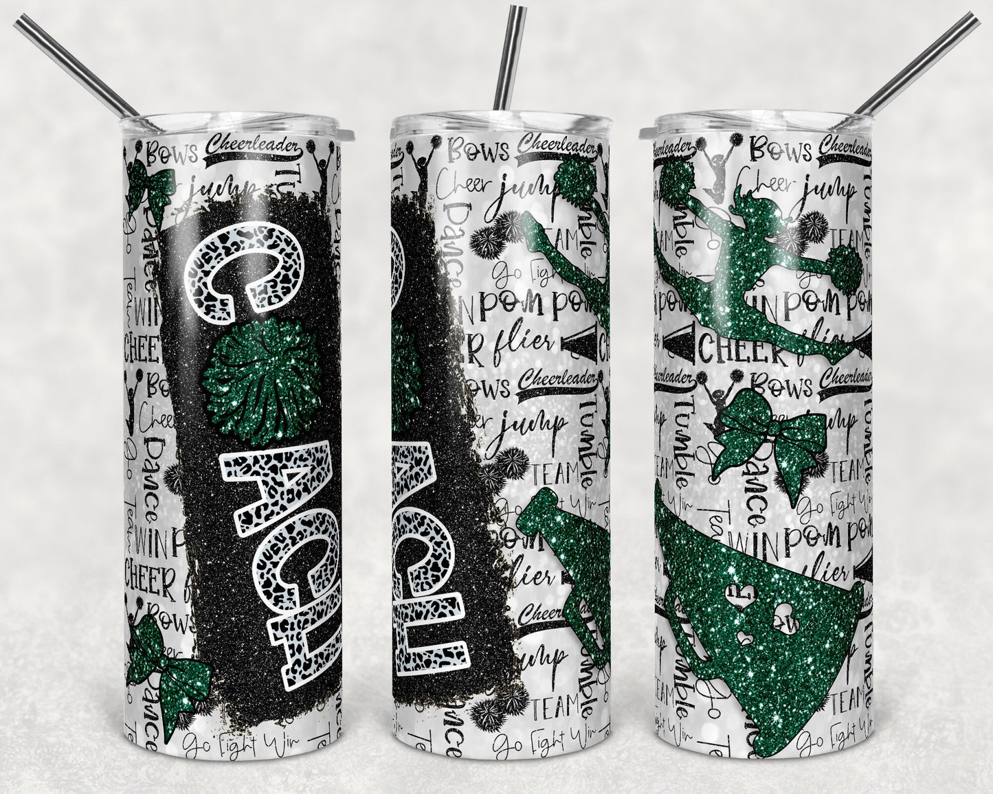 20 oz Skinny Tumbler Cheer Coach Dark Green Glitter Leopard and Black Sublimation Design