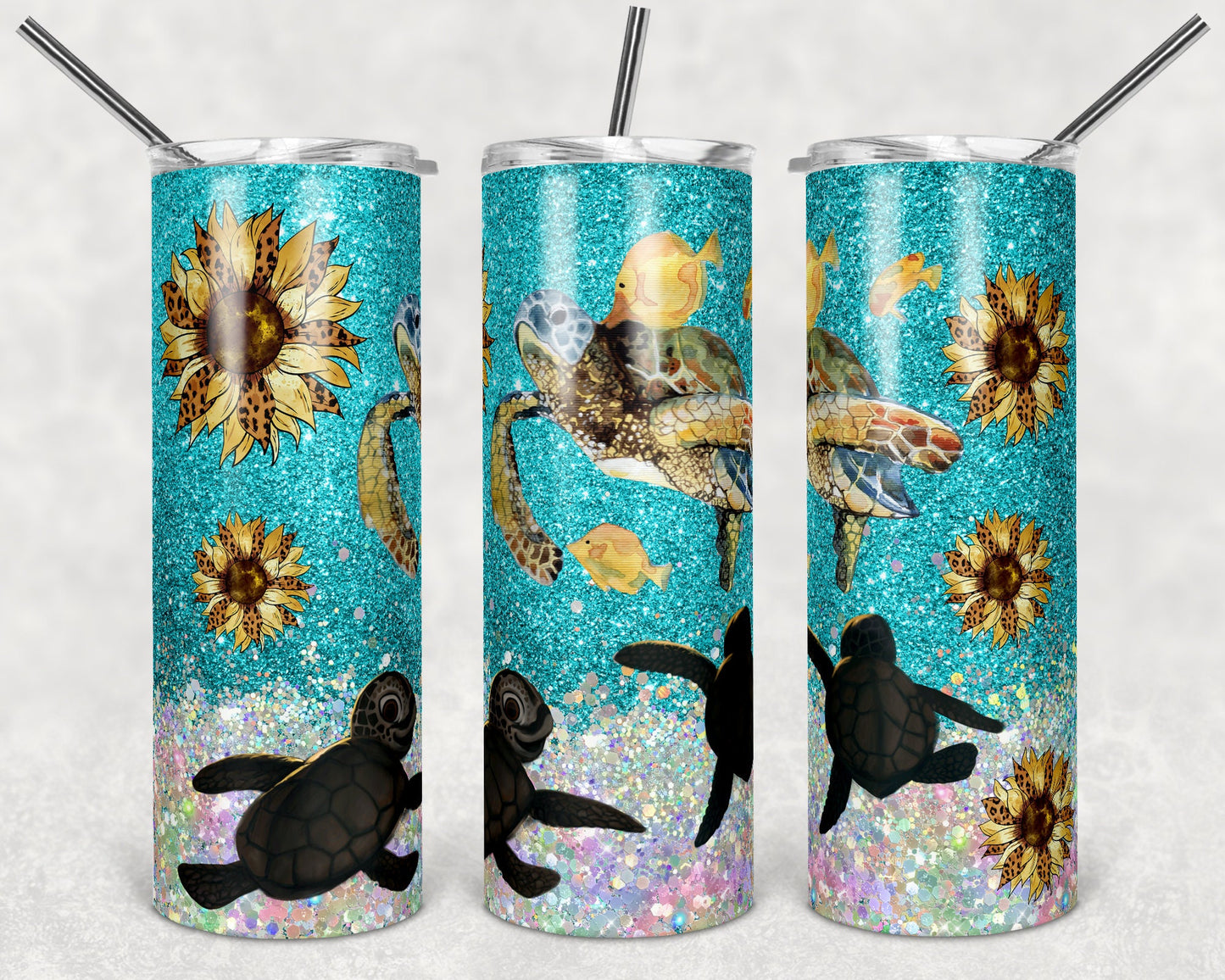 20 oz Skinny Tumbler Sublimation Design Template Glitter Turtles and Sunflowers Ocean
