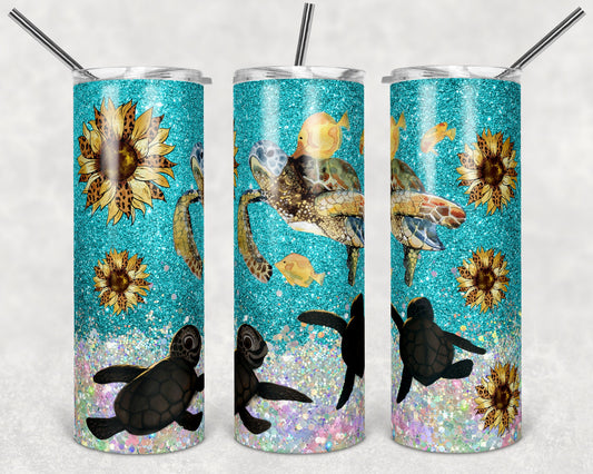 20 oz Skinny Tumbler Sublimation Design Template Glitter Turtles and Sunflowers Ocean