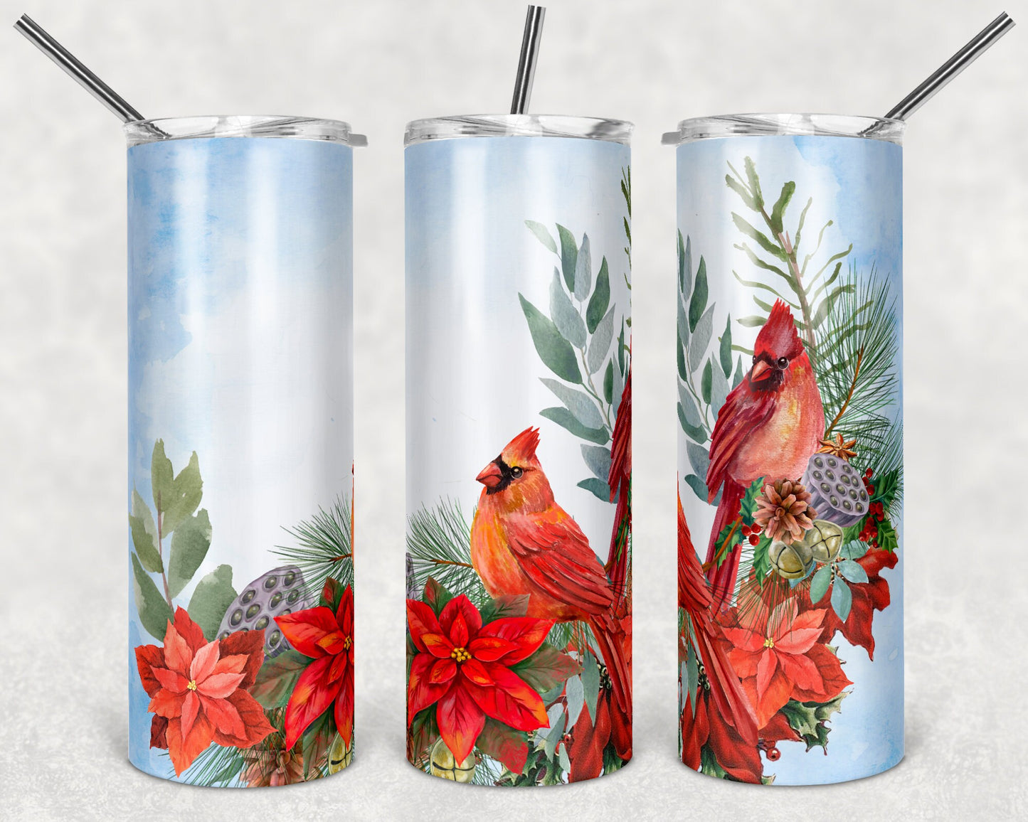 20 oz Skinny Tumbler Cardinal Cardinals Christmas Winter Floral Sublimation Design