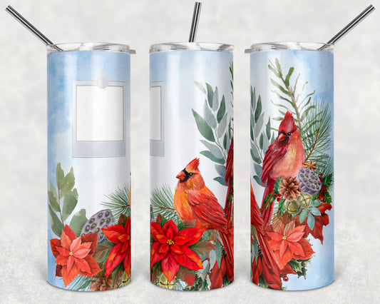 20 oz Skinny Tumbler Cardinal Cardinals Christmas Winter Floral Photo Picture Sublimation Design