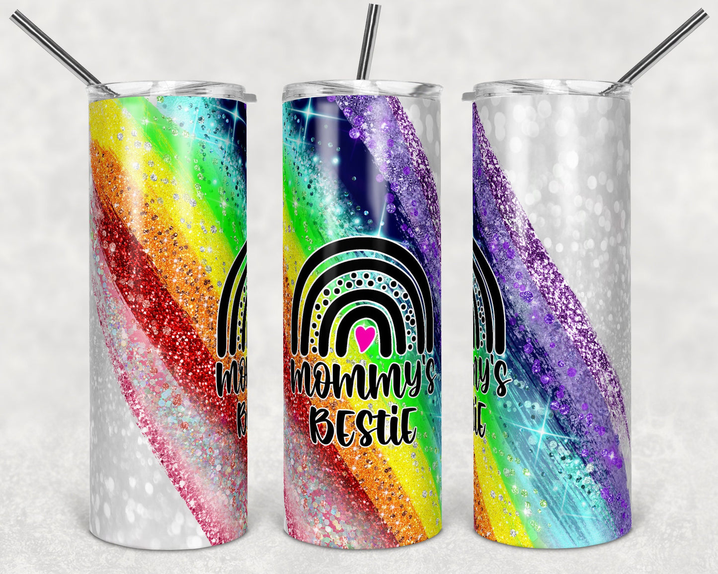 20 oz Skinny Tumbler Sublimation Template Raibow Glitter Milky Way Glitter Rainbow Baby Mommy's Bestie Straight Warped Design