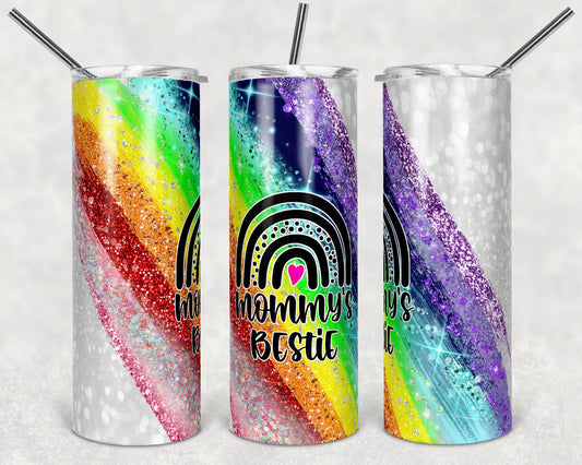 20 oz Skinny Tumbler Sublimation Template Raibow Glitter Milky Way Glitter Rainbow Baby Mommy's Bestie Straight Warped Design