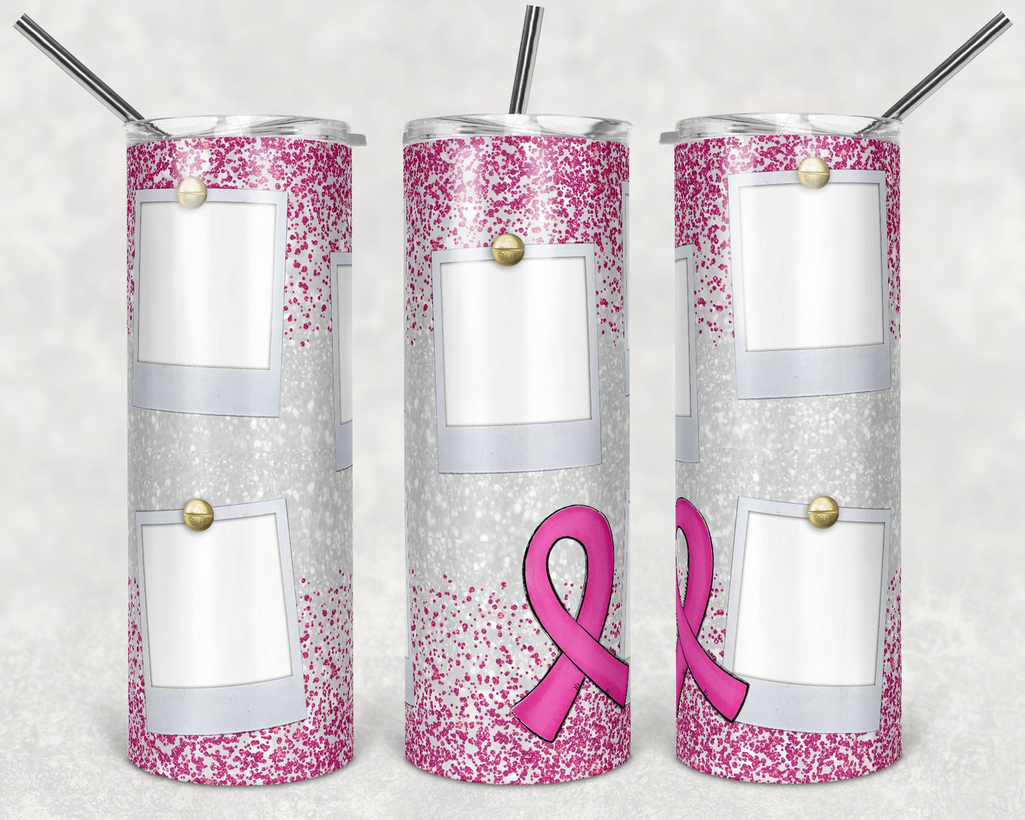 20 oz Skinny Tumbler Sublimation Glitter Pink Breast Cancer Awareness Photo Picture Straight Design tumblers