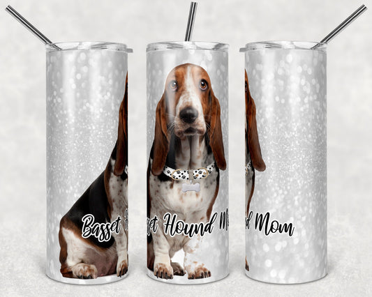 20 oz Skinny Tumbler Sublimation Basset Hound Dog Mom Glitter Template Straight