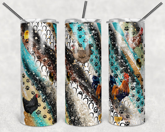 20 oz Skinny Tumbler Sublimation Milky Way Paw horse shoe chicken Copper Teal Glitter Straight Design