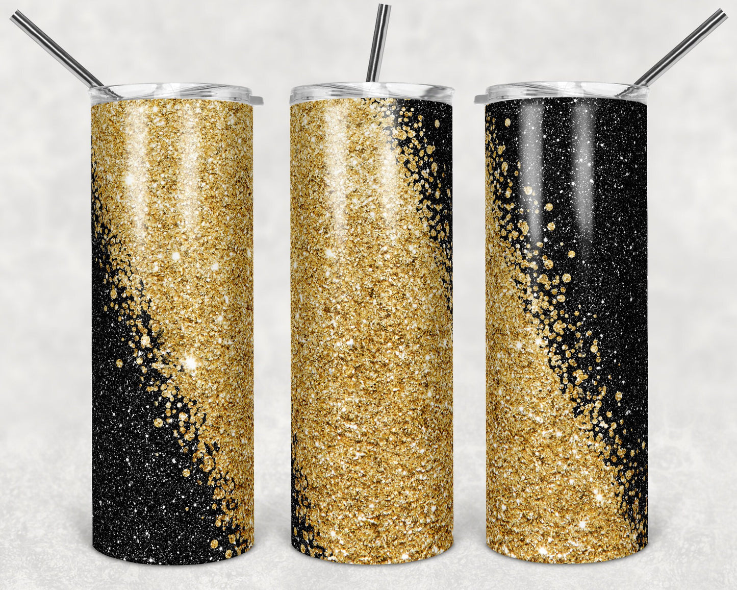20 oz Skinny Tumbler Sublimation Design Template Glitter Gold Black Diagonal Straight Design