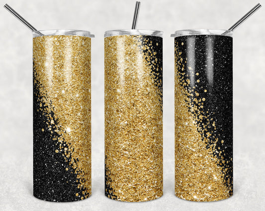 20 oz Skinny Tumbler Sublimation Design Template Glitter Gold Black Diagonal Straight Design
