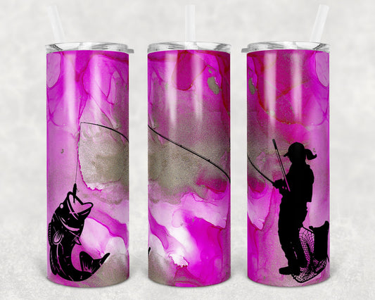 20 oz Skinny Tumbler Bass Fishing pink fisher woman Sublimation Design Print Transfer